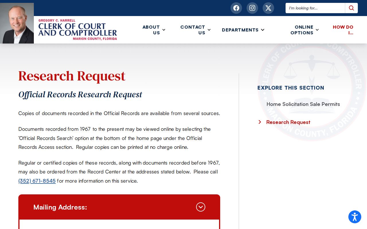 Marion County previous residents Records Center research request