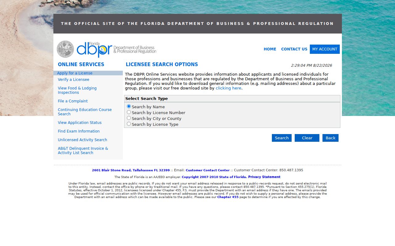Florida DBPR professional license search form