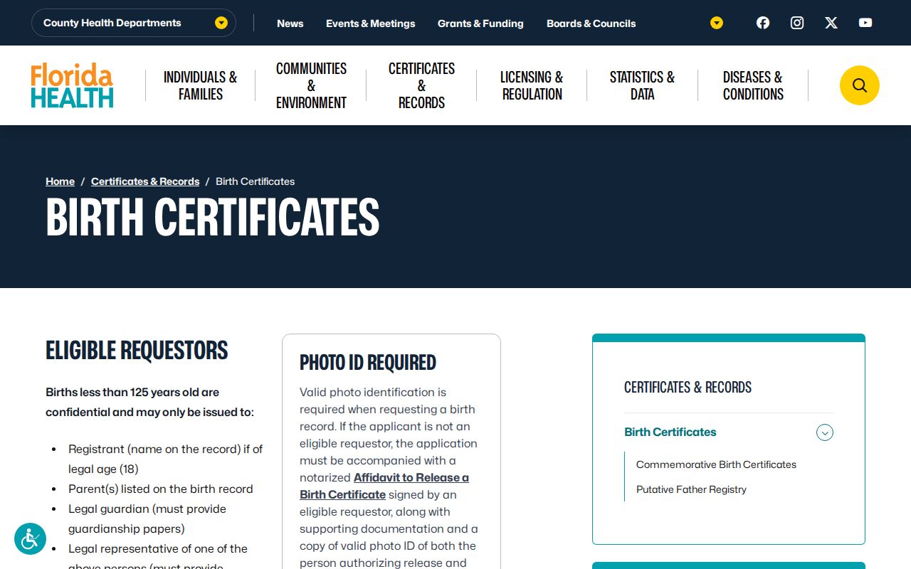 Florida birth certificate eligibility and ordering page