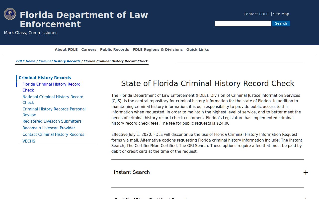 Florida Department of Law Enforcement criminal history check page
