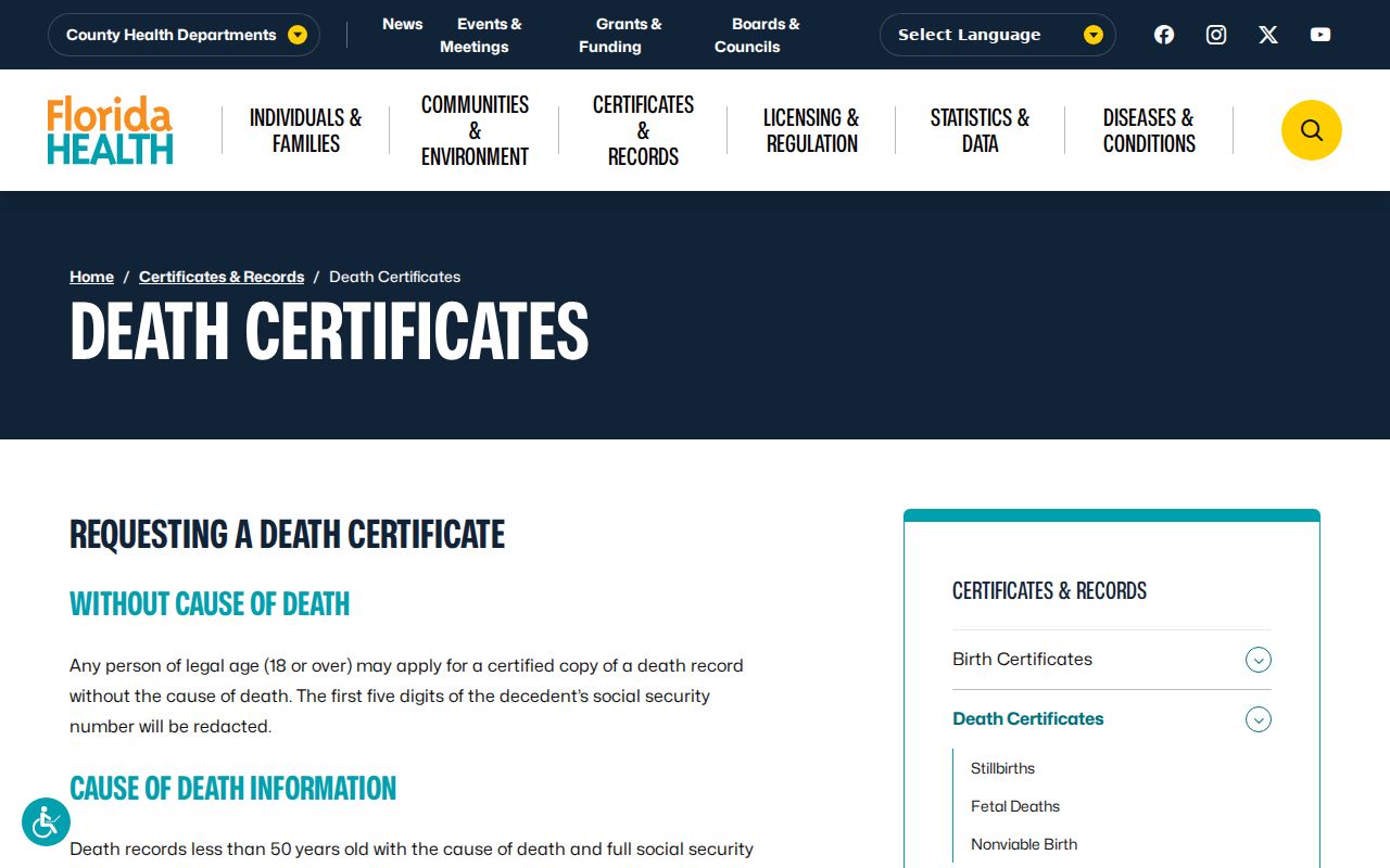 Florida death certificate access and ordering page