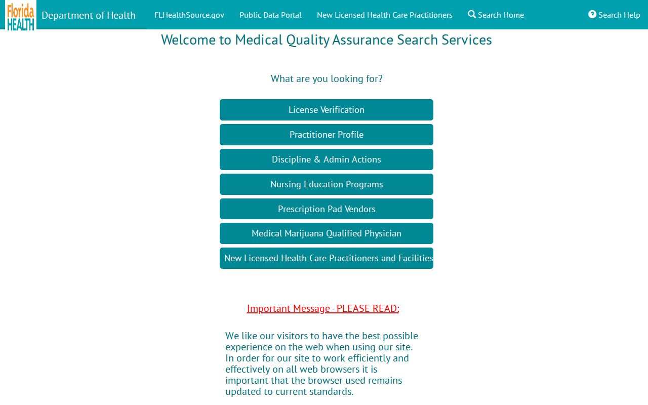 Florida MQA health practitioner license search