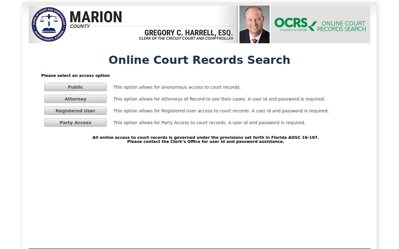 Marion County Online Court Records Search access page